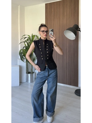 Siyah Apoletli Denim Yelek