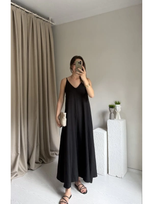Siyah Askılı Keten Elbise
