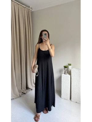 Siyah Ayarlanabilir Askı Gofre Elbise