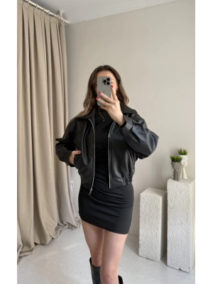 Siyah Beli Lastikli Deri Ceket