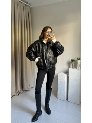 Siyah Dikiş Detaylı Premium Deri Ceket