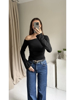 Siyah Düşük Omuz İspanyol Kol Bluz