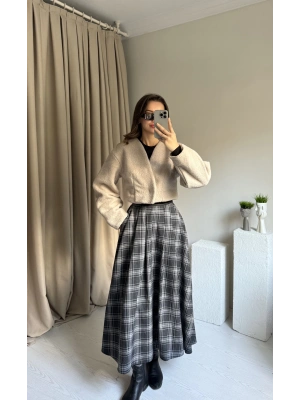 Siyah Ekose Deri Detaylı Etek