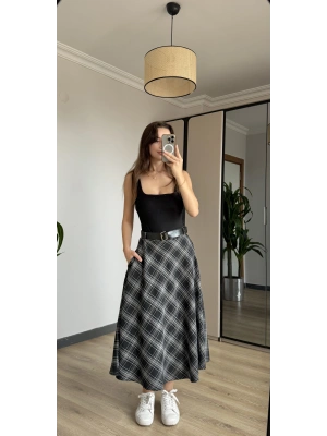 Siyah Ekose Kemerli Etek