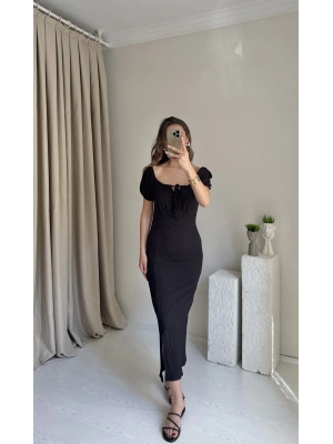 Siyah Gofre Kumaş Balon Kol Elbise