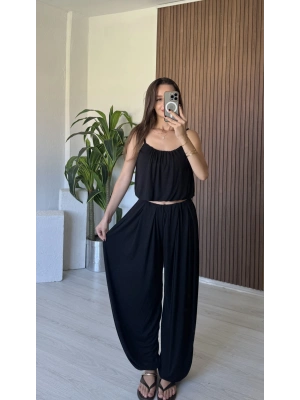 Siyah İp Askılı Şalvar Takım