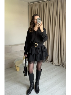 Siyah Kemerli Dantel Elbise