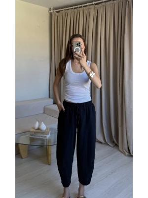 Siyah Keten Yıkamalı Balon Pantolon
