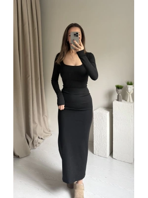 Siyah Maxi Boy Fitilli Elbise