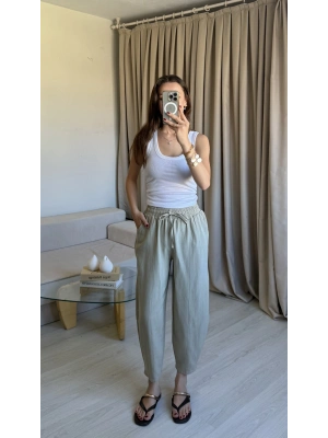 Yeşil Keten Yıkamalı Balon Pantolon