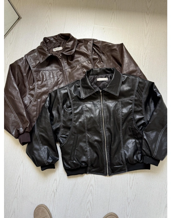 Kahve Dikiş Detaylı Premium Deri Ceket