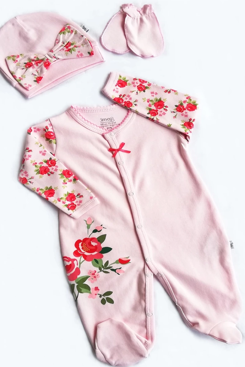 Kız Rose Şapkalı Eldivenli 3 Parçalı Tulum Set