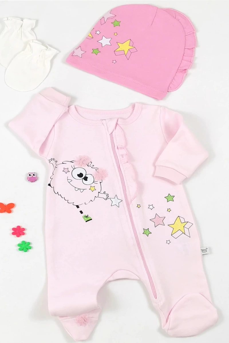 Kız Monster Şapkalı Eldivenli 3 Parçalı Tulum Set