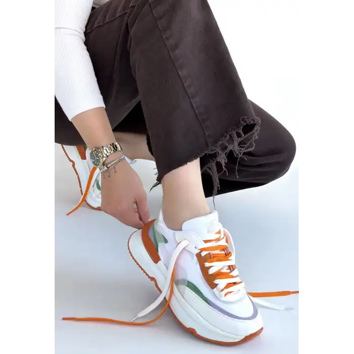 ALEH BEYAZ CİLT TURUNCU DETAYLI ÇİFT BAĞCIKLI SPOR AYAKKABI