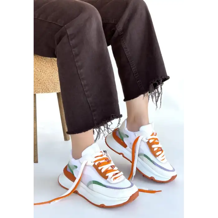 ALEH BEYAZ CİLT TURUNCU DETAYLI ÇİFT BAĞCIKLI SPOR AYAKKABI