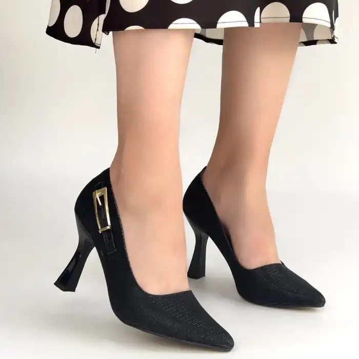 CERİN SİYAH SATEN SİMLİ TOPUKLU AYAKKABI