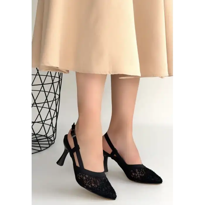 CETA SİYAH CİLT TÜL DETAYLI TOPUKLU AYAKKABI