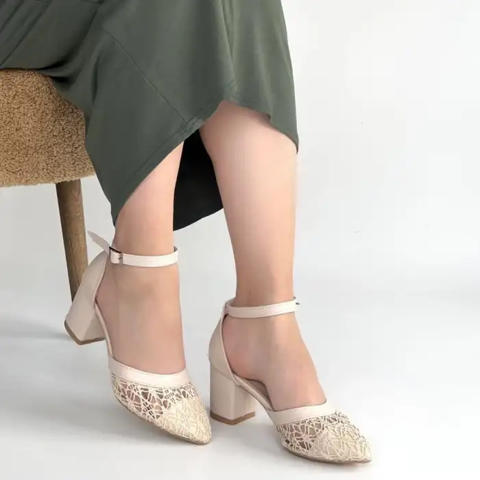 DMOP BEJ CİLT TÜL DETAYLI TOPUKLU AYAKKABI