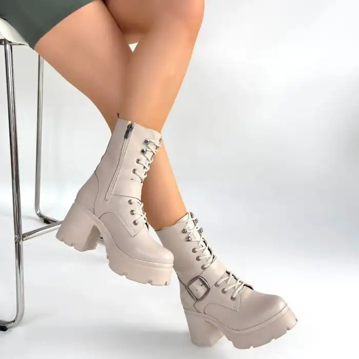 LİNMA BEJ CİLT BAĞCIKLI TOPUKLU BOT