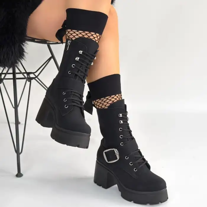 LİNMA SİYAH NUBUK BAĞCIKLI TOPUKLU BOT