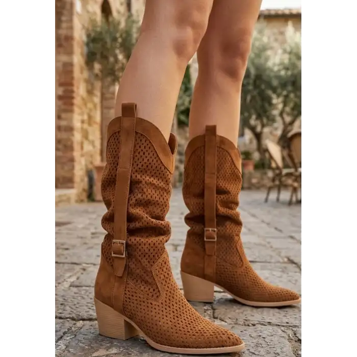 Meria Taba Süet Lazer Kesim Kovboy Topuklu Çizme