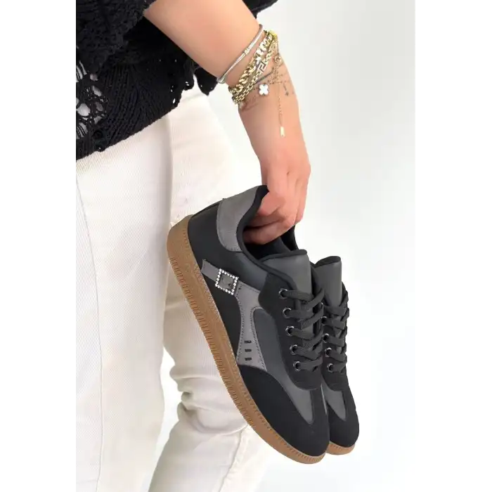 MİER SİYAH CİLT BAĞCIKLI SPOR AYAKKABI