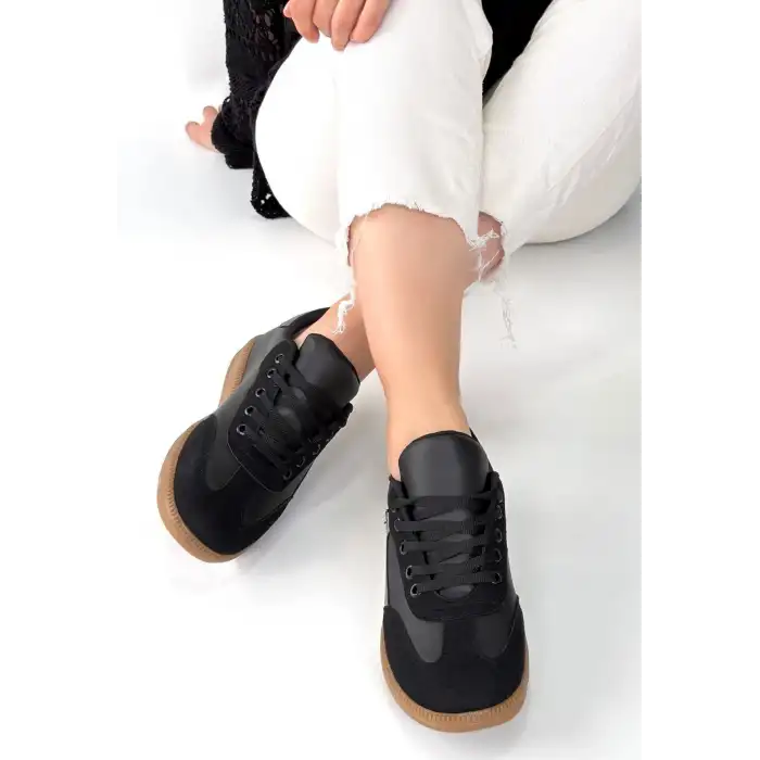 MİER SİYAH CİLT BAĞCIKLI SPOR AYAKKABI