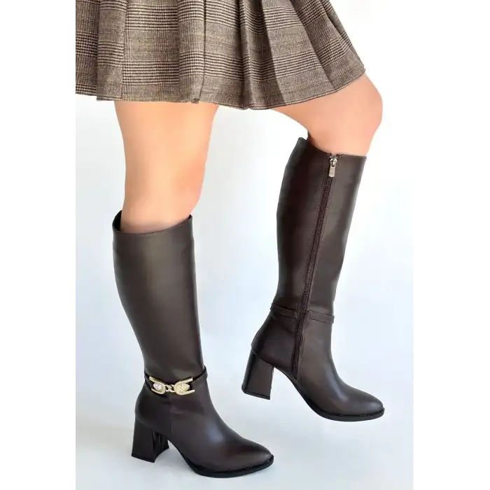 MOONİ KAHVERENGİ CİLT TOPUKLU ÇİZME