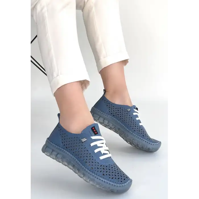 OTJA MAVİ DERİ LAZERLİ BAĞCIKLI SPOR AYAKKABI