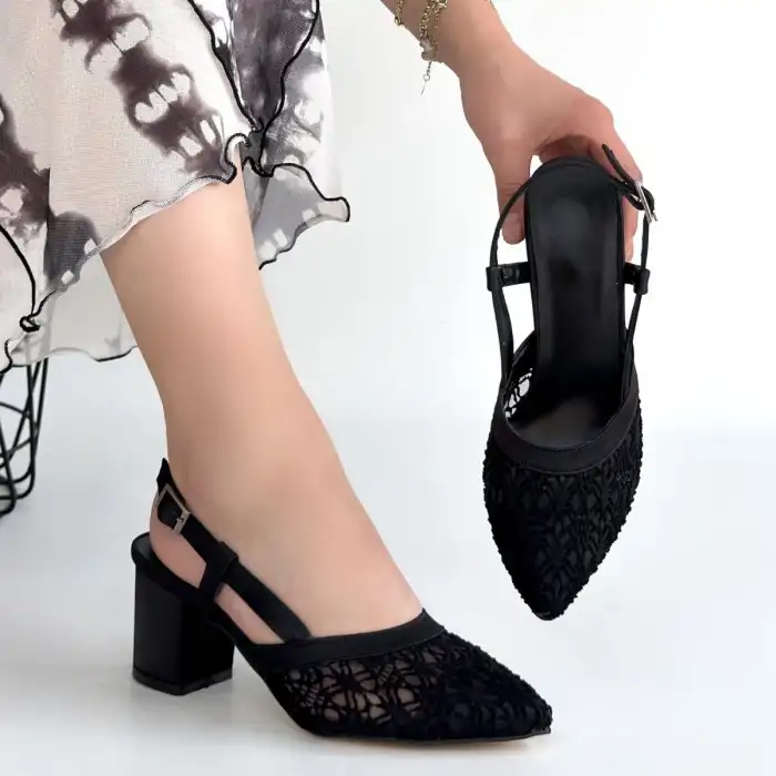 POJE SİYAH SATEN TÜL DETAYLI TOPUKLU AYAKKABI