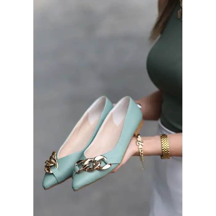 POPİ MİNT YEŞİLİ CİLT ZİNCİRLİ BABET AYAKKABI