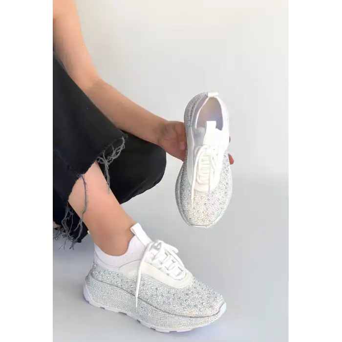 RİMAY BEYAZ CİLT BONCUK İŞLEMELİ SPOR AYAKKABI