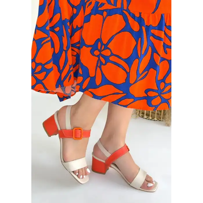 YEAR BEJ CİLT TURUNCU DETAYLI TURUNCU TOPUKLU TOPUKLU AYAKKABI