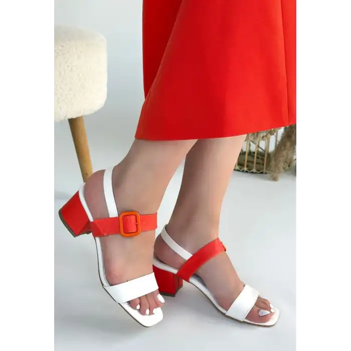 YEAR BEYAZ CİLT TURUNCU DETAYLI TOPUKLU AYAKKABI