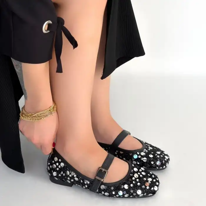 ZATY SİYAH SÜET GÜMÜŞ PULLU BABET AYAKKABI