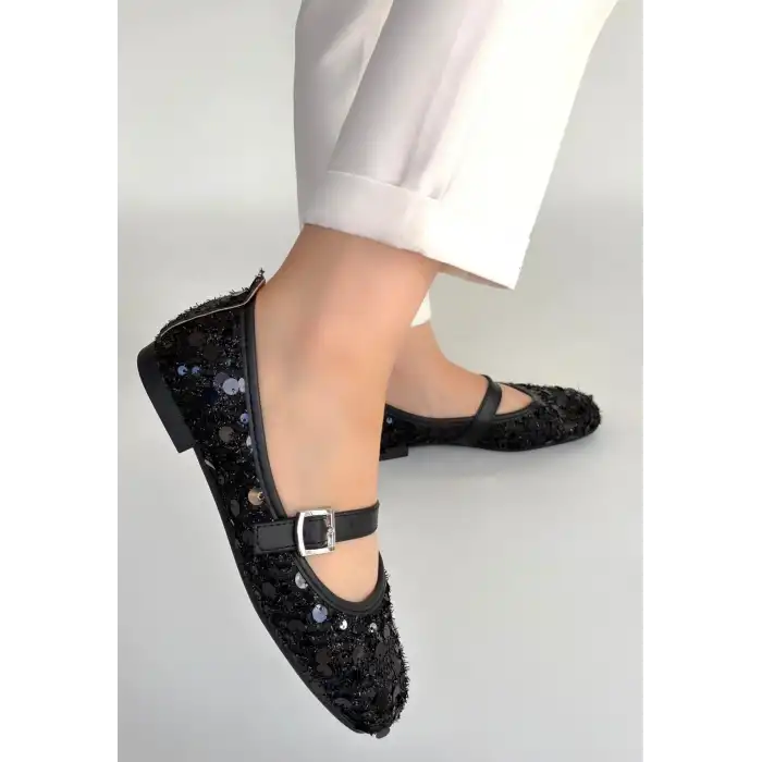 ZATY SİYAH SÜET SİYAH PULLU BABET AYAKKABI