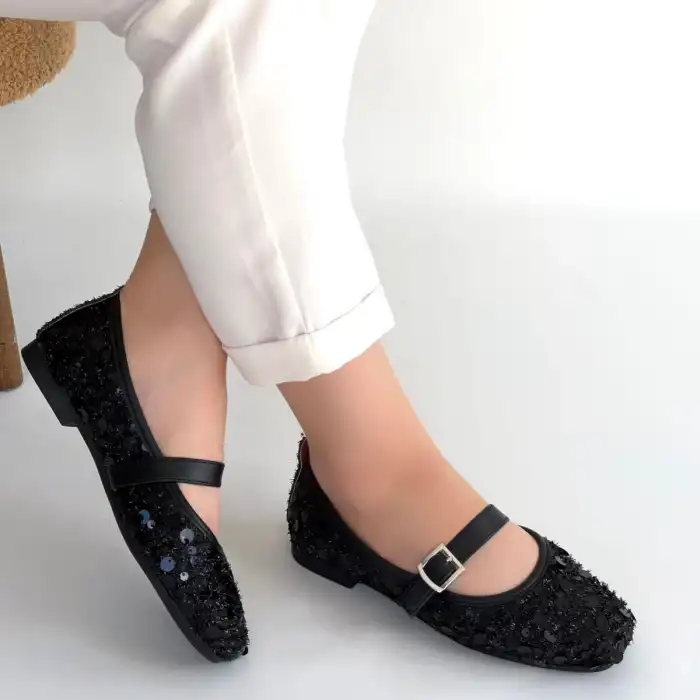 ZATY SİYAH SÜET SİYAH PULLU BABET AYAKKABI