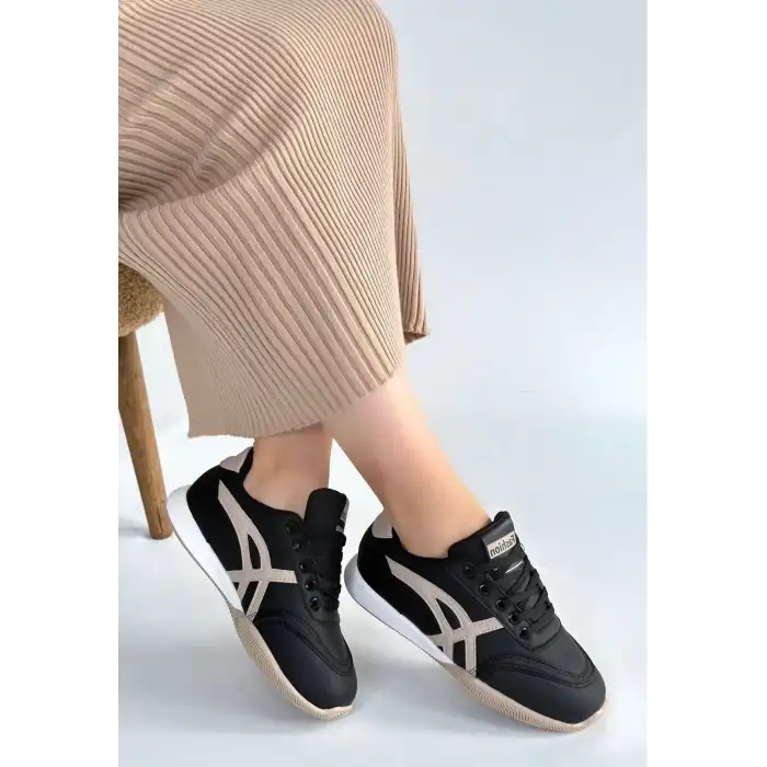ZLAY SİYAH CİLT BEJ DETAYLI BAĞCIKLI SPOR AYAKKABI