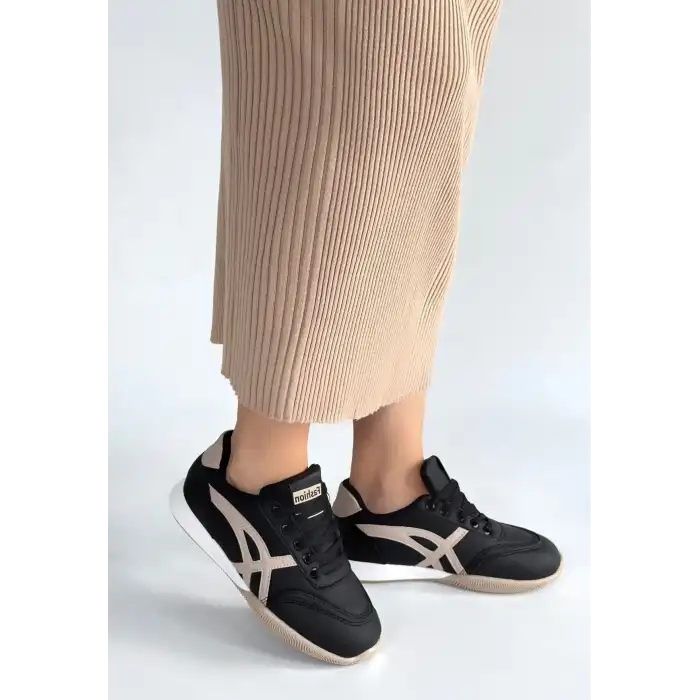 ZLAY SİYAH CİLT BEJ DETAYLI BAĞCIKLI SPOR AYAKKABI