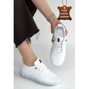 Jiten Beyaz Hakiki Deri Bağcıklı Spor Ayakkabı