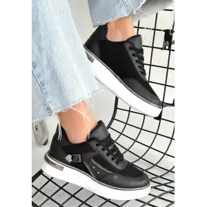 JUNDA SİYAH CİLT BAĞCIKLI SPOR AYAKKABI