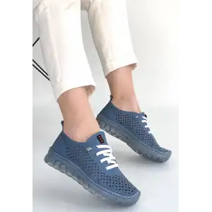 OTJA MAVİ DERİ LAZERLİ BAĞCIKLI SPOR AYAKKABI