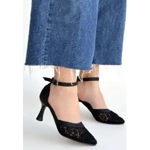 WEJA SİYAH CİLT TÜL DETAYLI SİMLİ TOPUKLU AYAKKABI