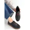 Guot Siyah Cilt Bağcıklı Babet Ayakkabı