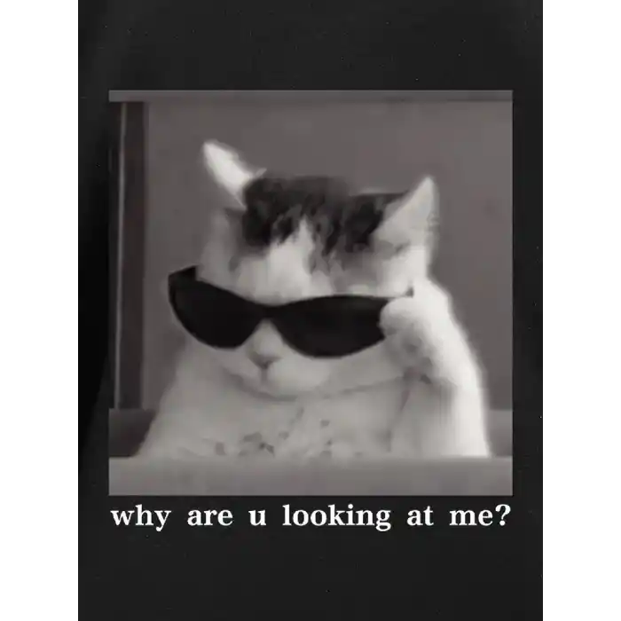 Neden Bana Bakıyorsun? Komik Kedi Grafik Tişört - Dijital Baskılı Siyah Bol Kesim Streetwear Tişört, Erkekler için Dört Mevsim Günlük Gömlek - Siyah