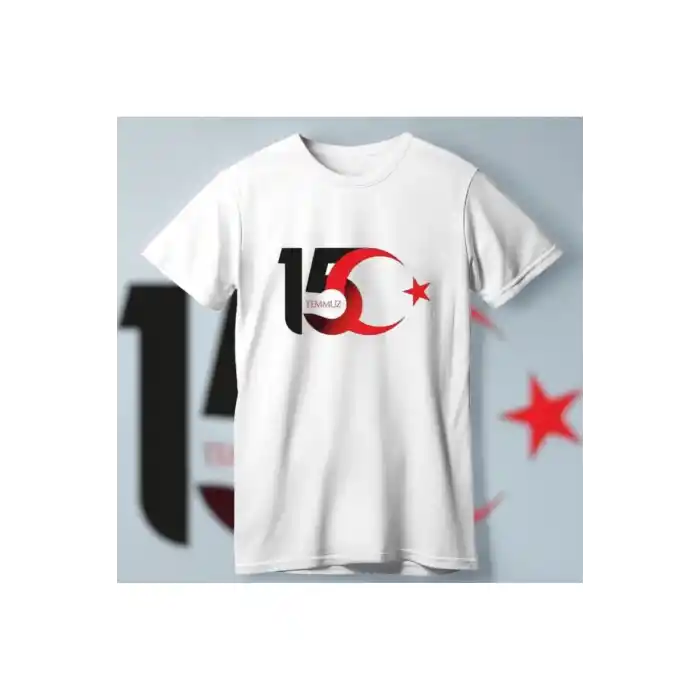 15 Temmuza Özel Tasarım Ay Yıldız Baskılı T-shirt - Beyaz