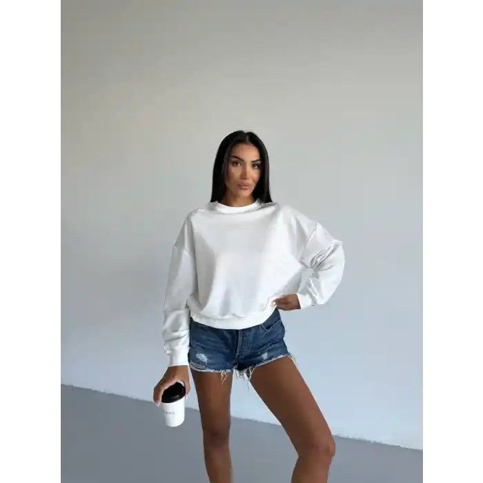 2 iplik bisiklet yaka sweat beyaz f2339