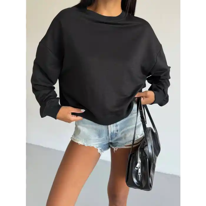 2 iplik bisiklet yaka sweat siyah f2339