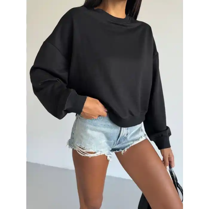 2 iplik bisiklet yaka sweat siyah f2339