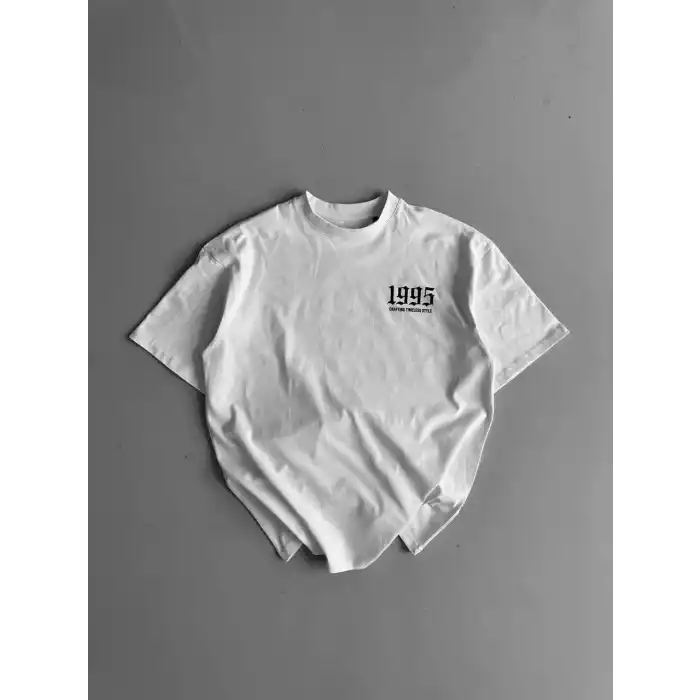 20/1 Penye Compack Baskılı Oversize Bisiklet Yaka Kısa Kol Yazlık T-shirt - Beyaz